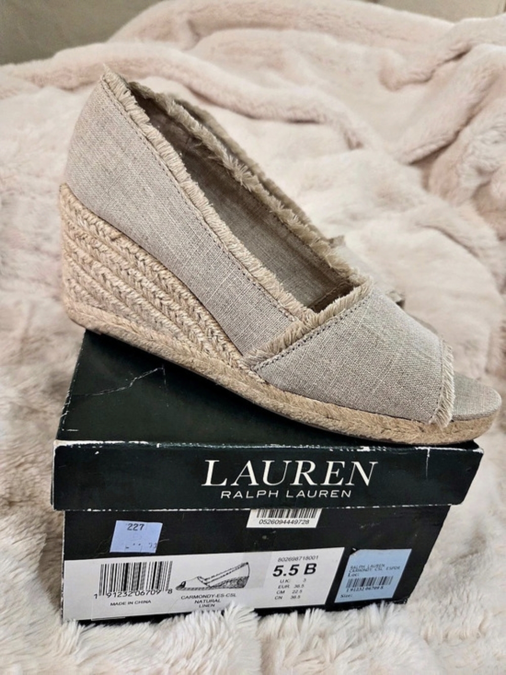 Lauren Ralph Lauren Carmondy Linen Espadrille Wedge Beige US 5.5 B